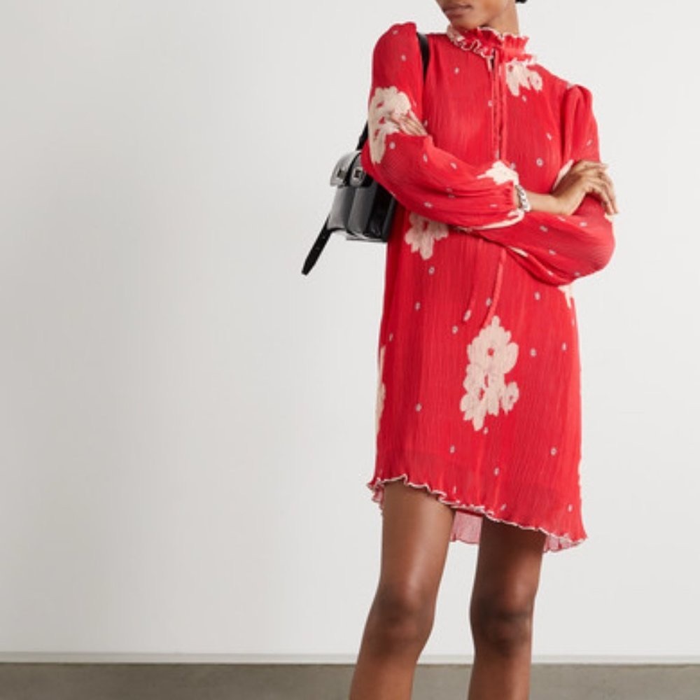 GANNI Ruffled Floral Plisse Georgette Mini Dress